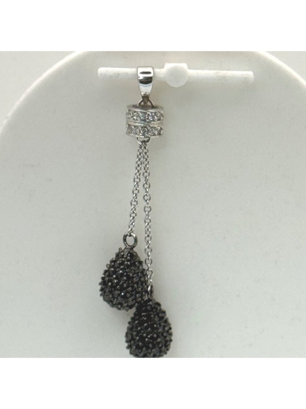 FAS Cluster Dangle Drop Sterling Silver Pendant Marcasite Rhinestones Black Bead